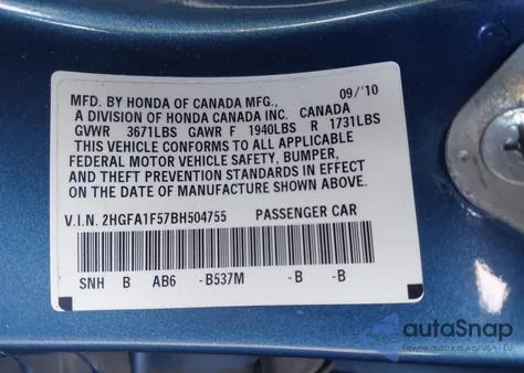 2011 Honda Civic Lx from USA, damaged, VIN 2HGFA1F57BH504755